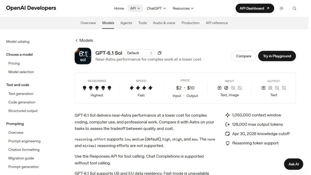 OpenAI 공식 GPT-6.1 Sol 모델 페이지에 가격과 입력 형식 컨텍스트 길이가 표시된 화면