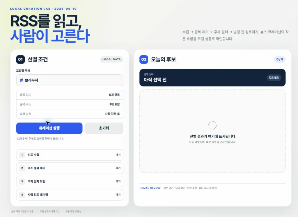 브라우저 주제가 입력되고 네 개 큐레이션 단계가 대기 중인 실제 시작 화면