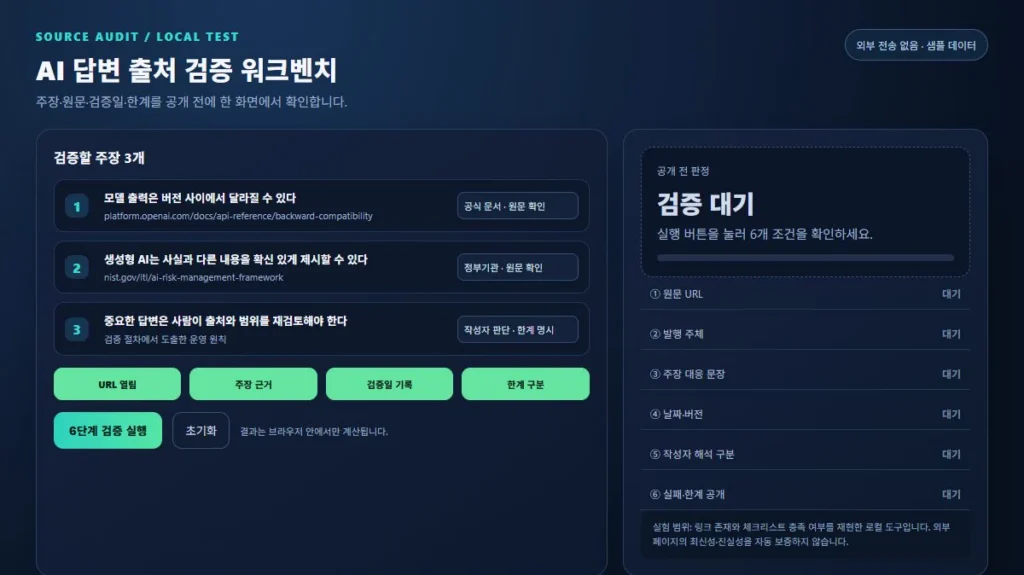 세 개 주장과 여섯 검증 항목이 모두 대기 상태인 AI 답변 출처 검증 워크벤치 실제 시작 화면