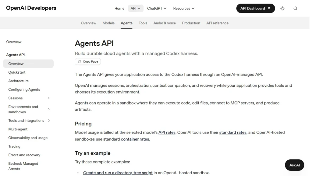 OpenAI 공식 Agents API 문서에 관리형 Codex 하네스와 샌드박스 설명이 표시된 화면