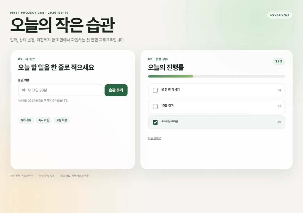 AI 코딩 20분 습관을 완료해 진행률이 1/3로 바뀐 실제 화면