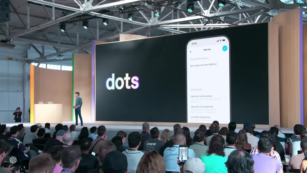OpenAI DevDay 2026 현장에서 Dots와 행동 승인 규칙 화면을 소개하는 키노트 장면