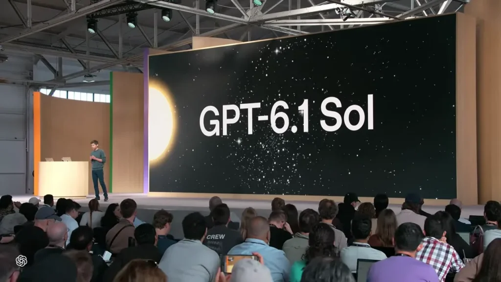 OpenAI DevDay 2026 키노트 무대의 대형 화면에 GPT-6.1 Sol이 표시된 실제 발표 장면
