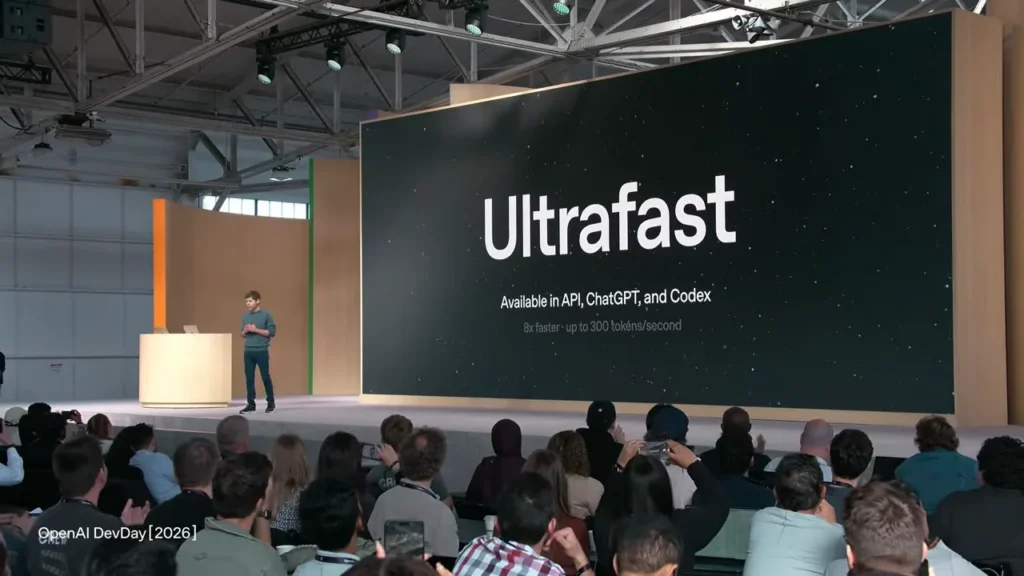 OpenAI DevDay 2026 현장에서 Ultrafast의 API ChatGPT Codex 제공과 속도를 설명하는 발표 화면