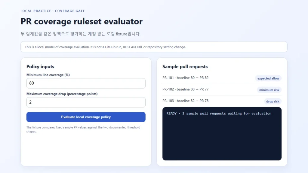 GitHub 코드 커버리지 정책 로컬 실습의 평가 전 화면