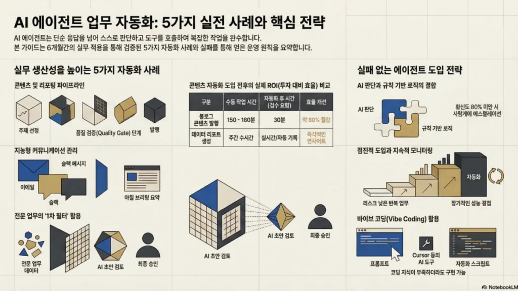 AI 에이전트로 반복 업무 자동화하기: 실제 활용 사례 5가지 - 인포그래픽