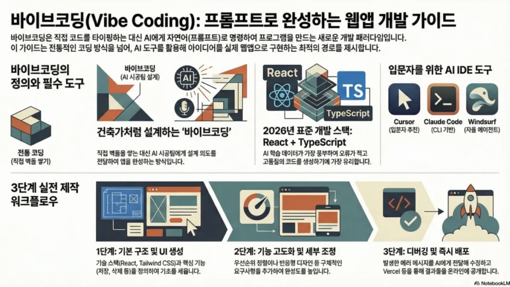 바이브코딩 입문 가이드: 프롬프트만으로 웹앱 만들기 - 인포그래픽