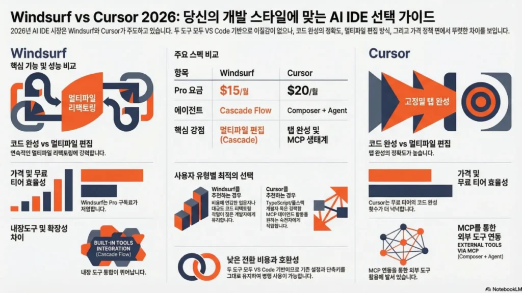 Windsurf vs Cursor 2026: AI IDE 어떤 걸 선택해야 할까? - 인포그래픽