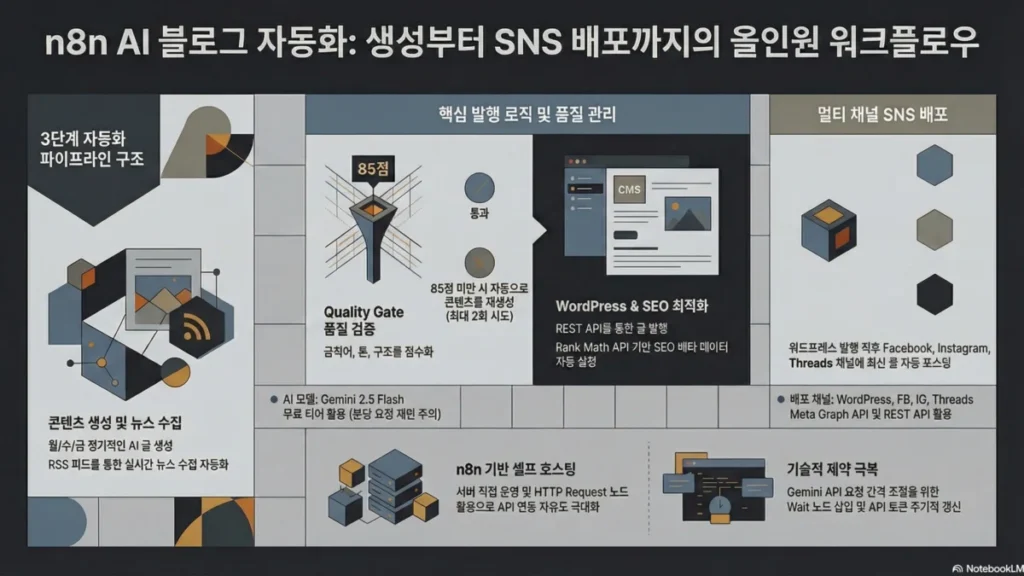 n8n으로 블로그 자동화 구축하기: AI 글 생성부터 SNS 배포까지 - 인포그래픽