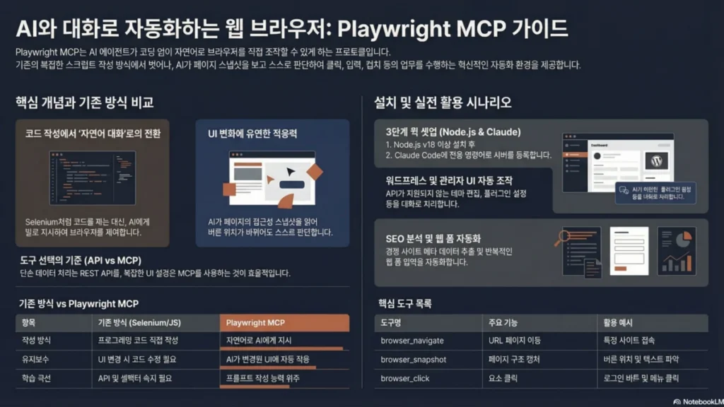 Playwright MCP로 웹 자동화하기: 설치부터 실전 시나리오 완벽 가이드 - 인포그래픽