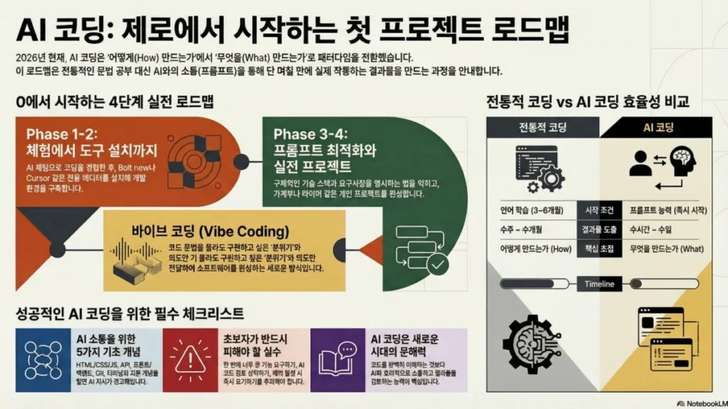 AI 코딩 시작하기: 프로그래밍 경험 제로에서 첫 프로젝트까지 완전 로드맵 - 인포그래픽