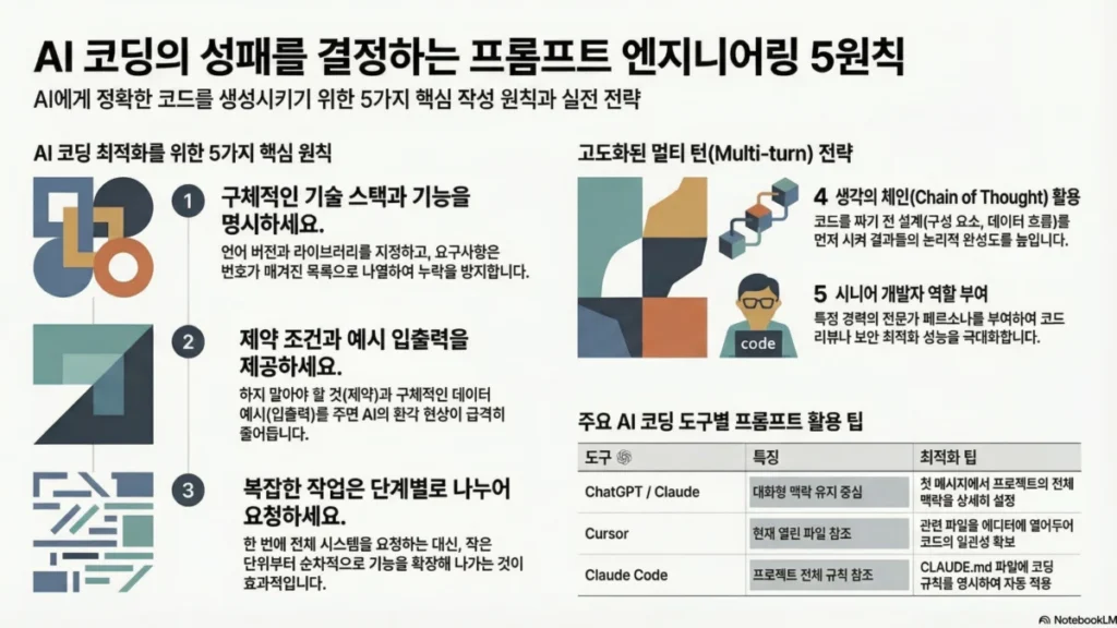프롬프트 엔지니어링 실전 가이드: AI에게 코드 잘 시키는 5가지 원칙 - 인포그래픽