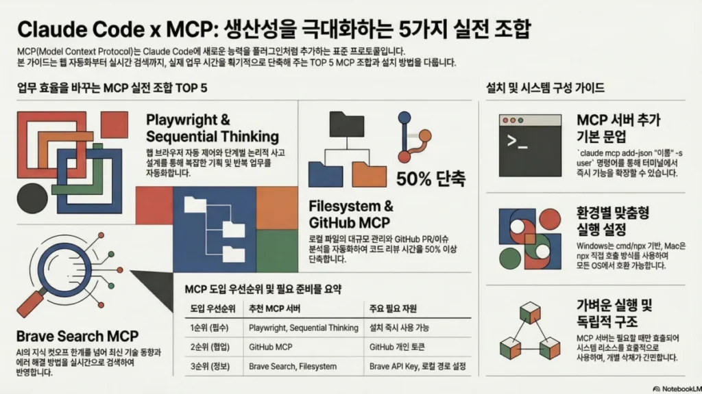 Claude Code + MCP 실전 조합 TOP 5: 설치부터 활용까지 완벽 가이드 - 인포그래픽
