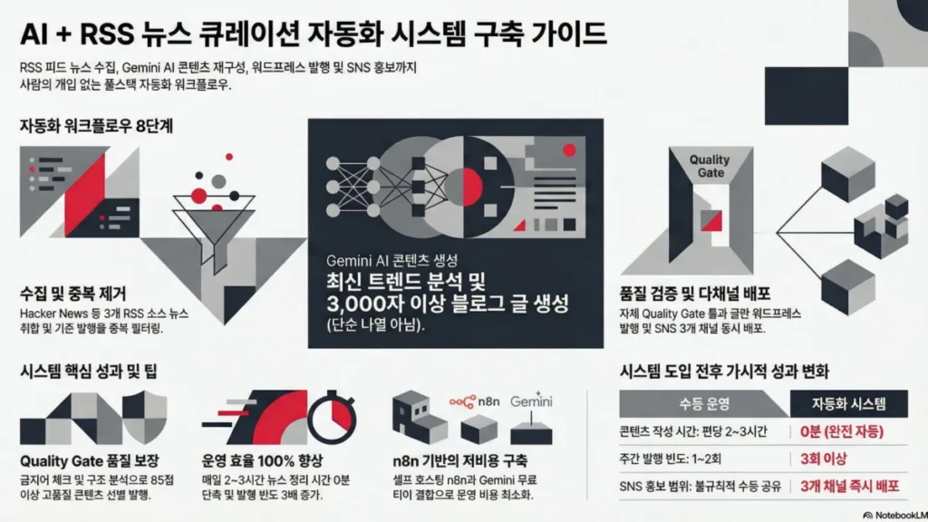 AI + RSS로 뉴스 큐레이션 자동화 시스템 만들기: n8n + Gemini 실전 구축기 - 인포그래픽