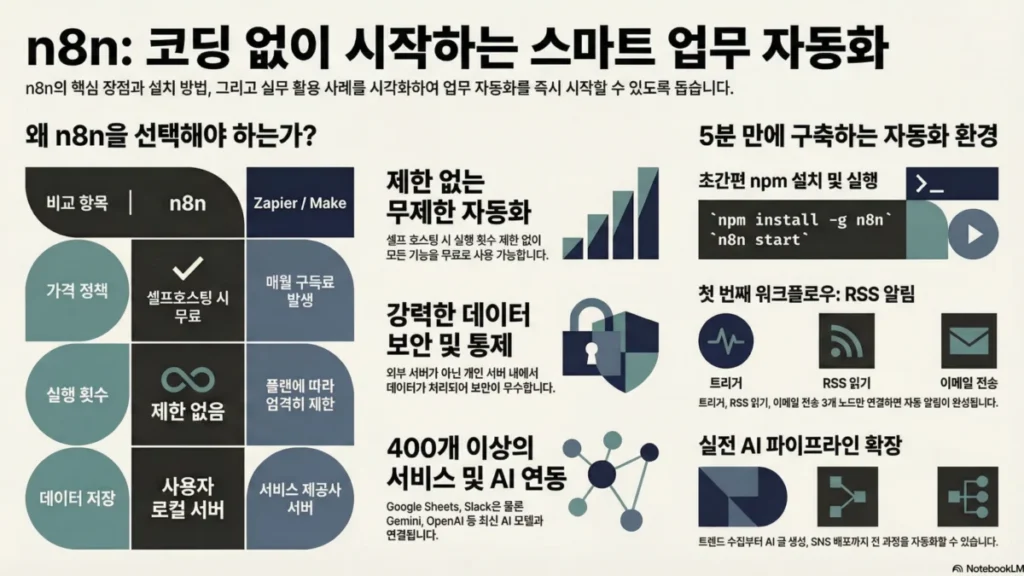 n8n 입문 가이드 — 코딩 없이 업무 자동화 워크플로우 만들기 - 인포그래픽