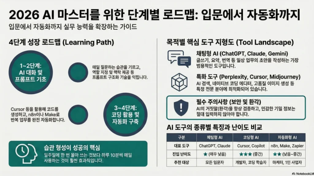 AI 도구 입문자를 위한 로드맵 — 2026년 어떤 AI부터 써야 할까? - 인포그래픽