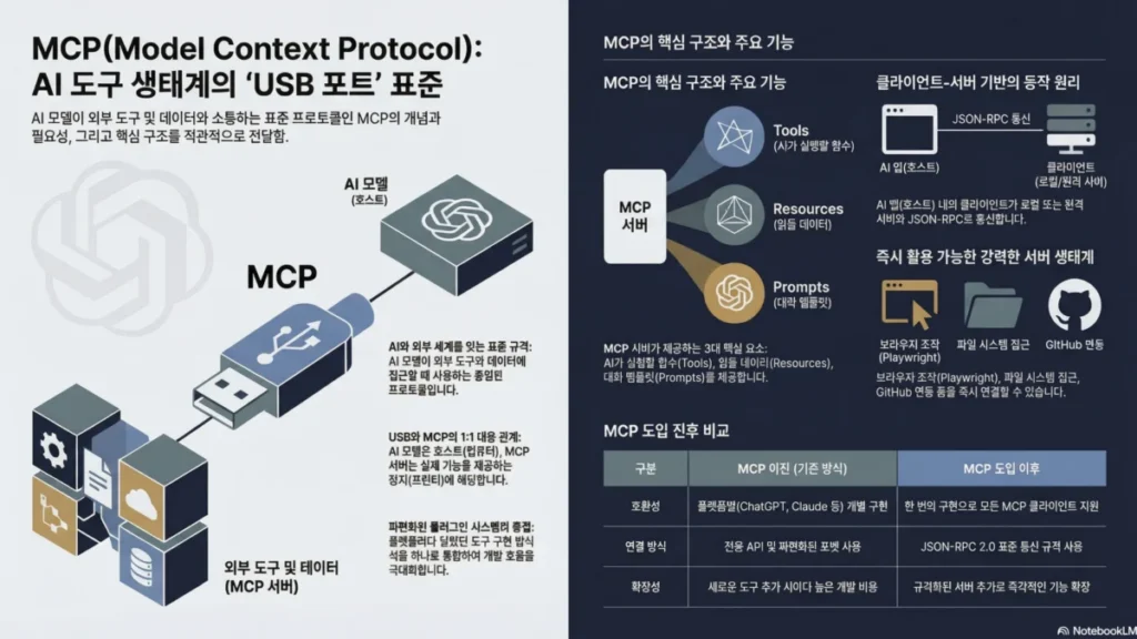 MCP(Model Context Protocol)란? — AI 도구의 USB 포트를 이해하기 - 인포그래픽