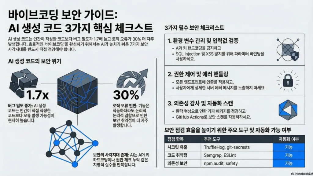 바이브코딩으로 만든 앱, 보안은 괜찮을까? — AI 생성 코드 보안 체크리스트 7가지 - 인포그래픽