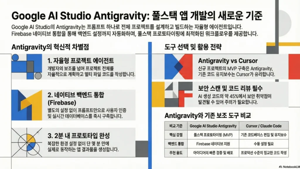 Google AI Studio Antigravity 실전 분석 — 프롬프트 하나로 풀스택 앱 만드는 바이브코딩의 새 기준 - 인포그래픽